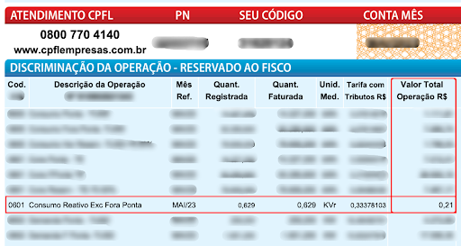 Fatura de Energia CPFL Essa fatura é um exemplo de boa gestão e de que o banco de capacitor está funcionando de acordo com o previsto. A cobrança de reativo é muito baixa ou zero.