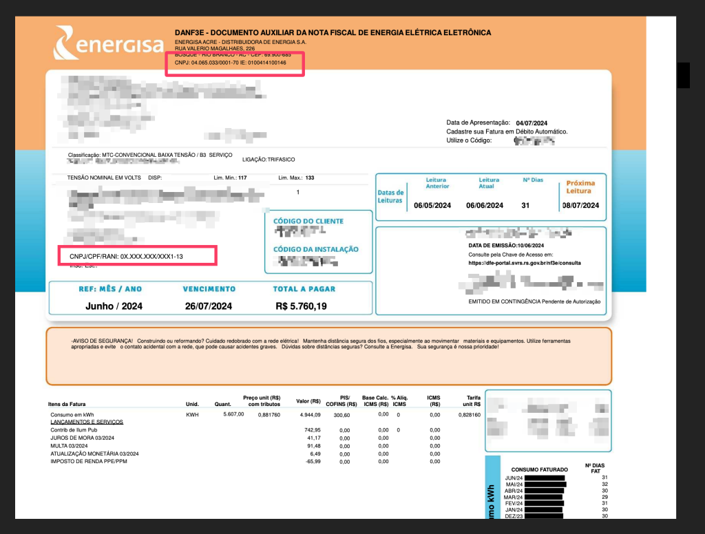 onde fica o cnpj na conta de energia